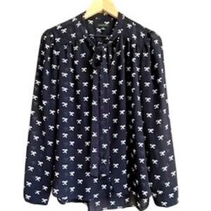 ANN TAYLOR Navy Bow Print Tie-Neck Blouse Size M